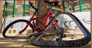 damaged bicycle with propped against tree after accident