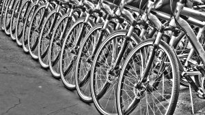black and white photo of row of bicycles