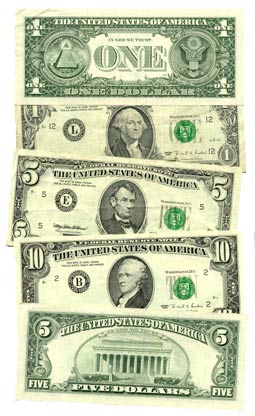 1 5 and 10 us dollar bills