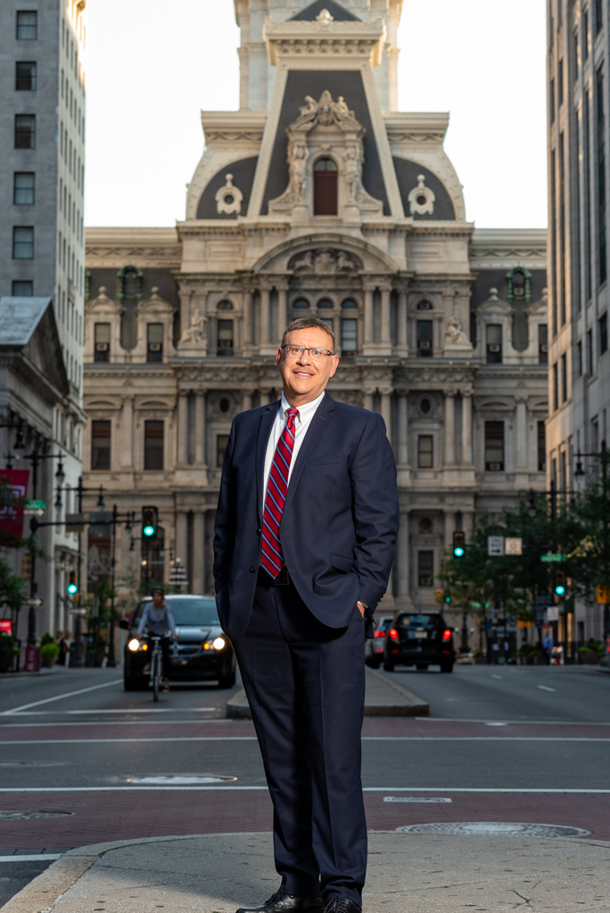 Attorney Rand Spear in front of Philadelphia City Hall