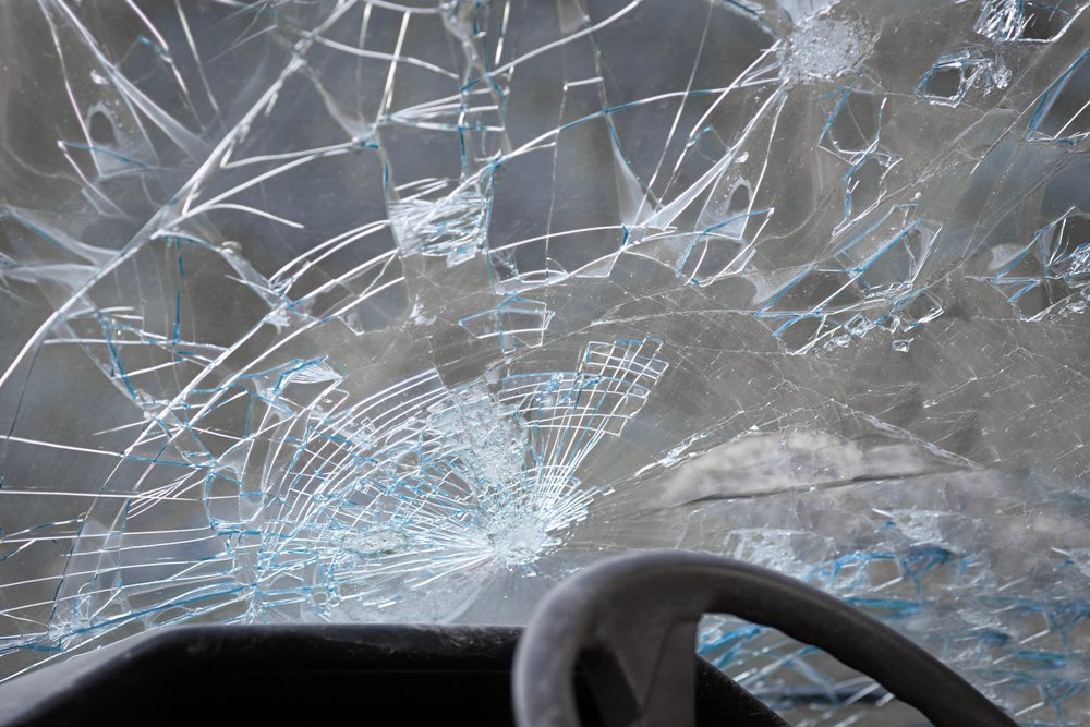 close up of broken windshield